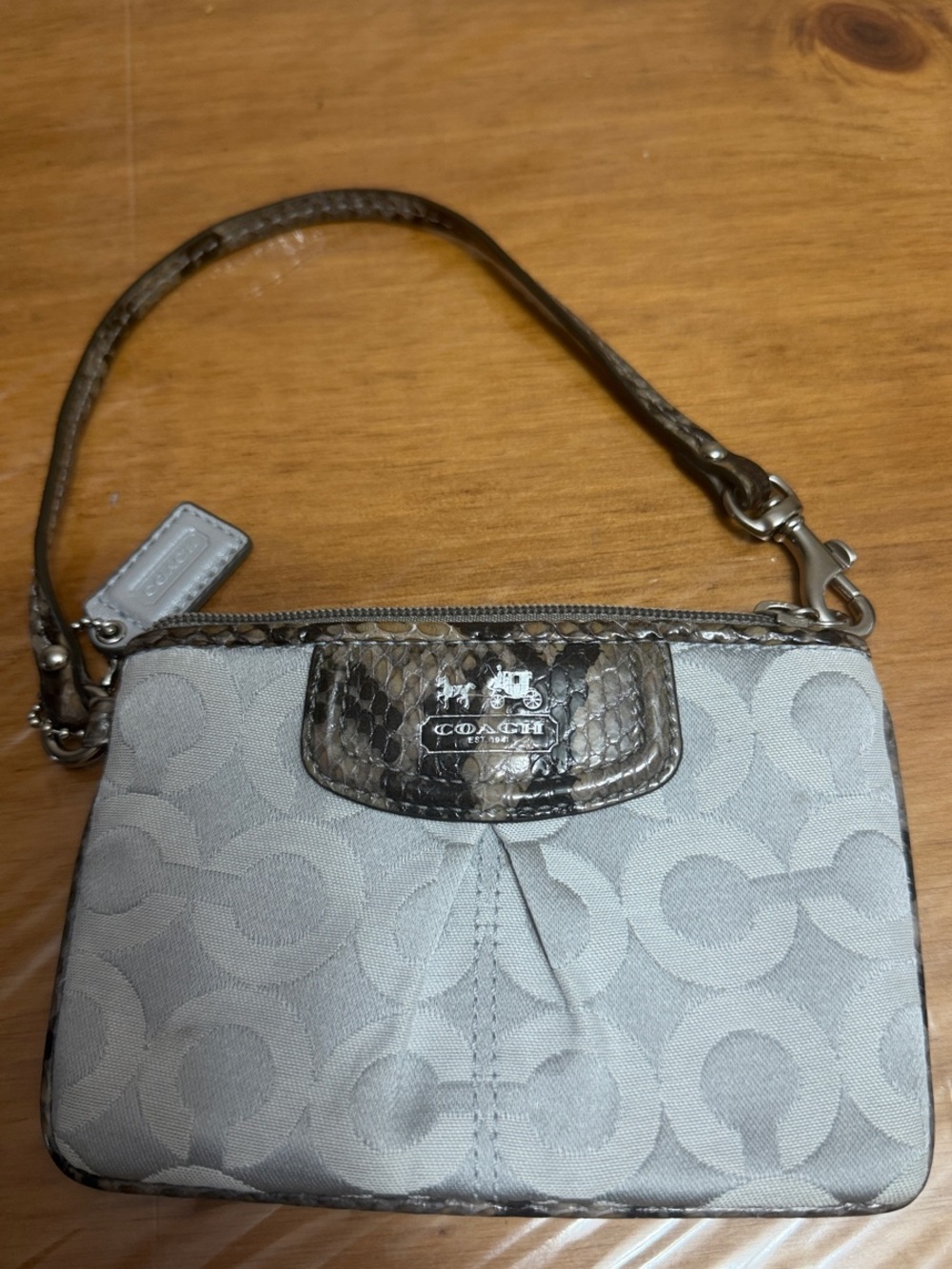 Coach Gray Signature Wristlet with Snakeskin Trim